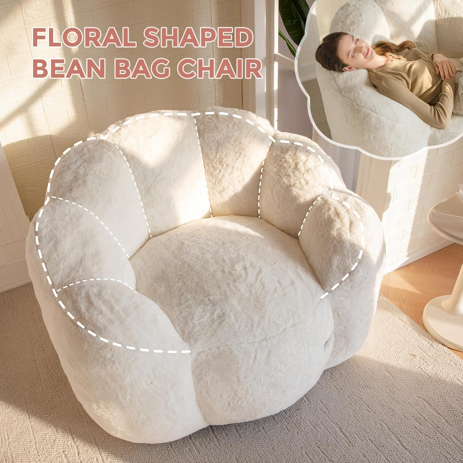 Floral Shaped Faux Fur Bean Bag Chair with Filling